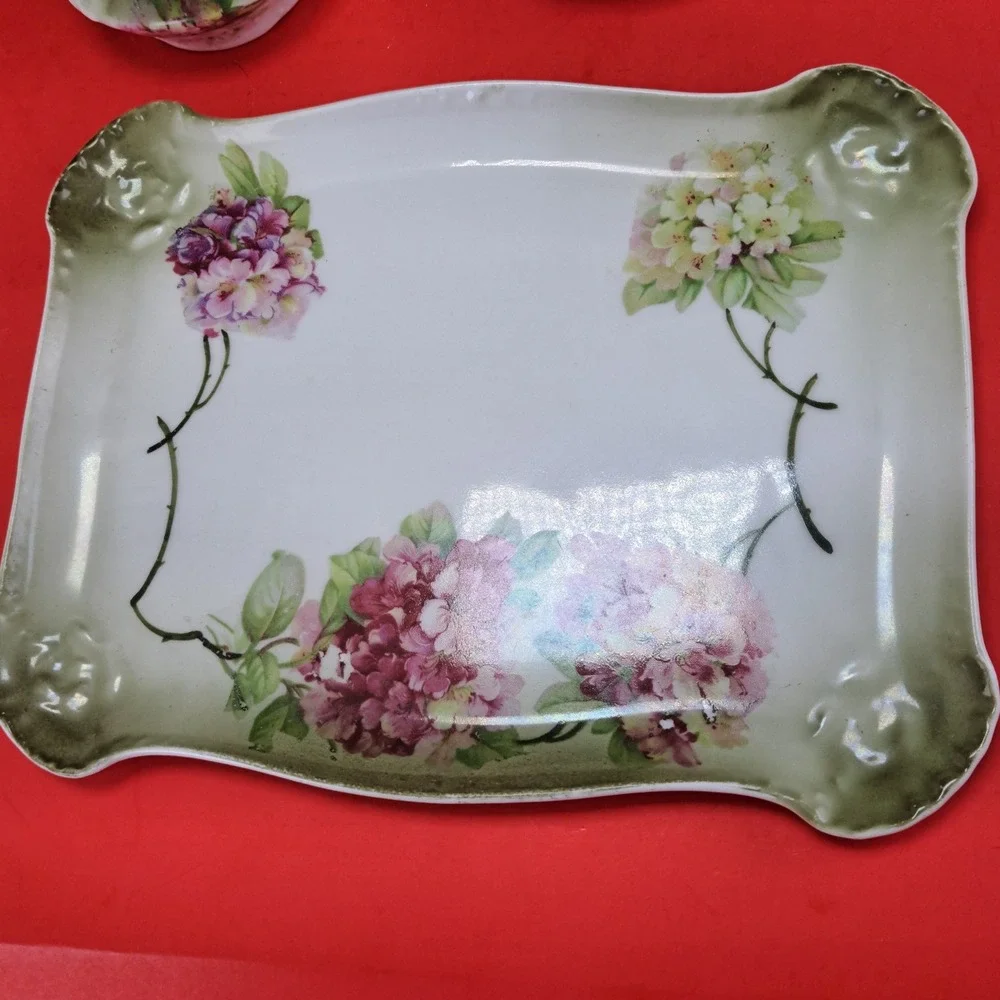 Moschendorf Bavaria Tea Vanity Set OS Green Pink Excellent Hydrangea Floral 5pc